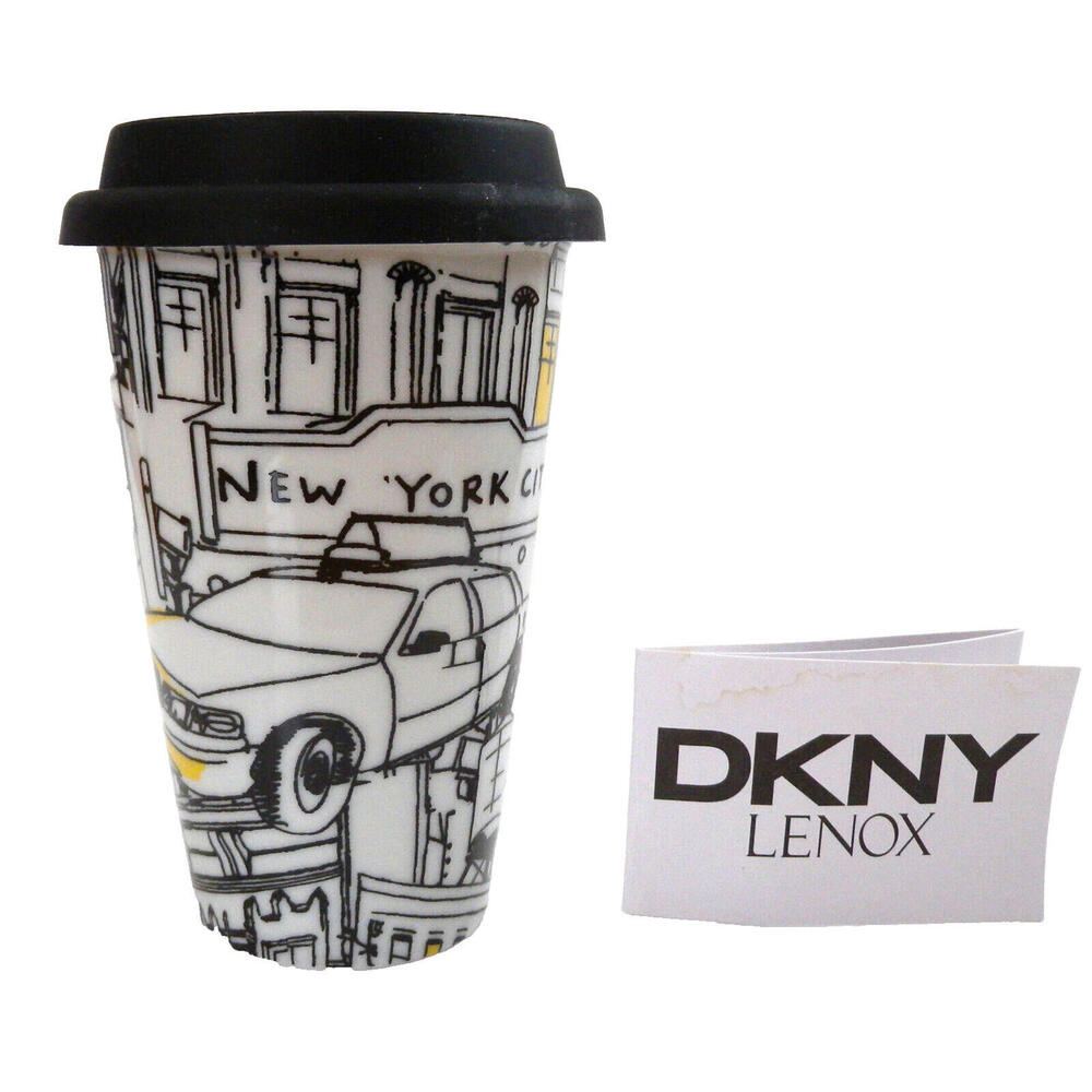 DKNY by Lenox "CITI TAXI" Coffee Travel Mug with Silicone Lid  Black and White